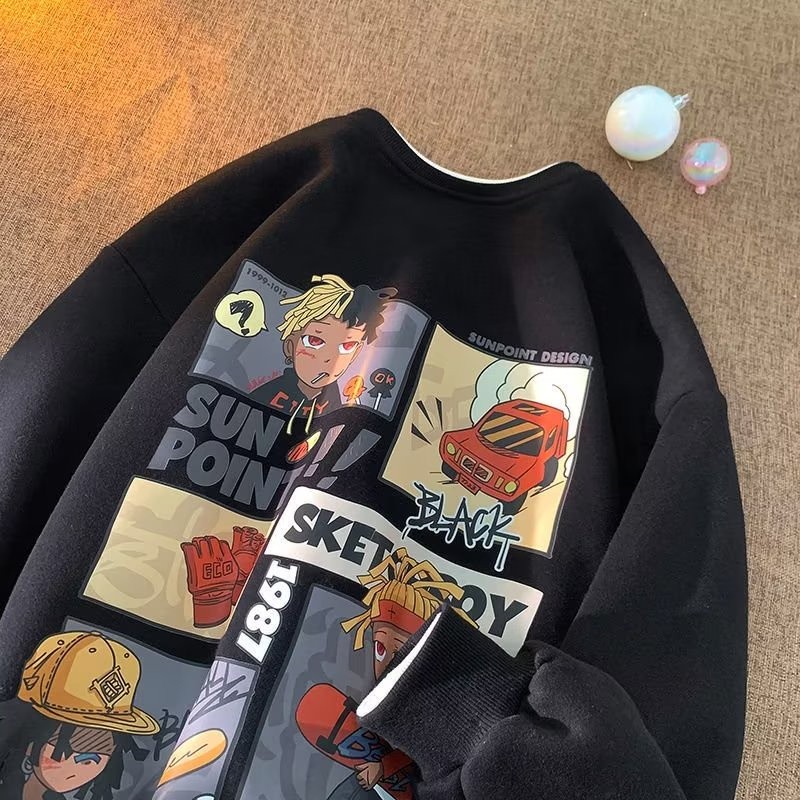 Essential Purpose Men's Hip-hop Anime Street Round Neck Oversized Jacket Women's Thickened Couple Long Sleeved Fashio... - Image 5