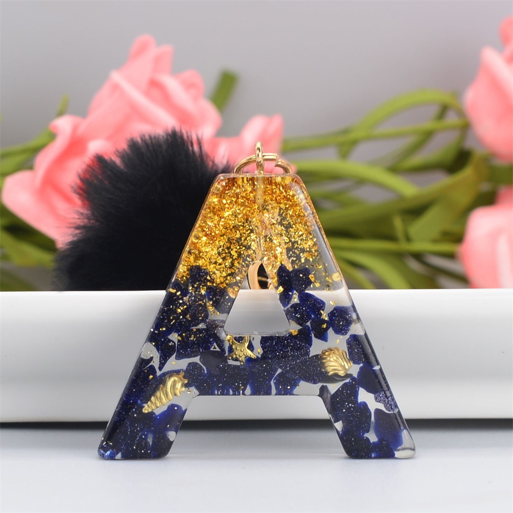 Trendy Outdoor Black Pompom Letter Keychain Glitter Gradient Resin A-Z Initials Alphabet Keyring Pendant Women Handba... - Image 4