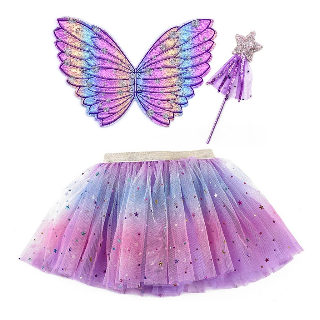 Essential Must Little Girls Rainbow Tutu Skirt Cute Fairy Wings Magic Wand Kids Birthday Halloween Party Costume Purp... - Image 3