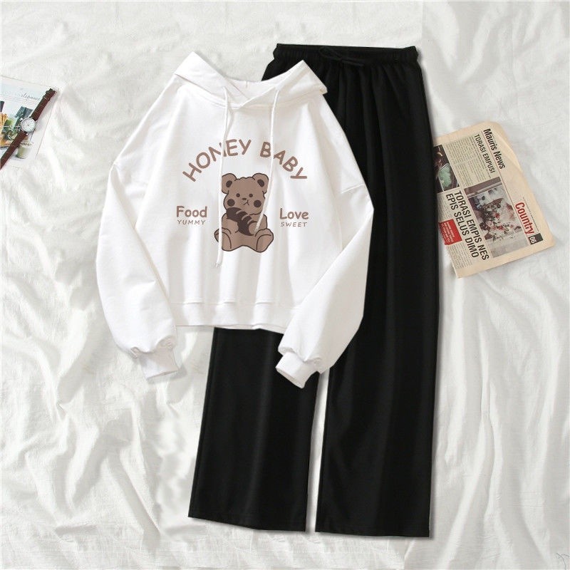 Have Durable Single / Suit Korean Version Sweater Children's Cartoon Loose College Women's New Hooded Wide-leg Pants ... - Image 4