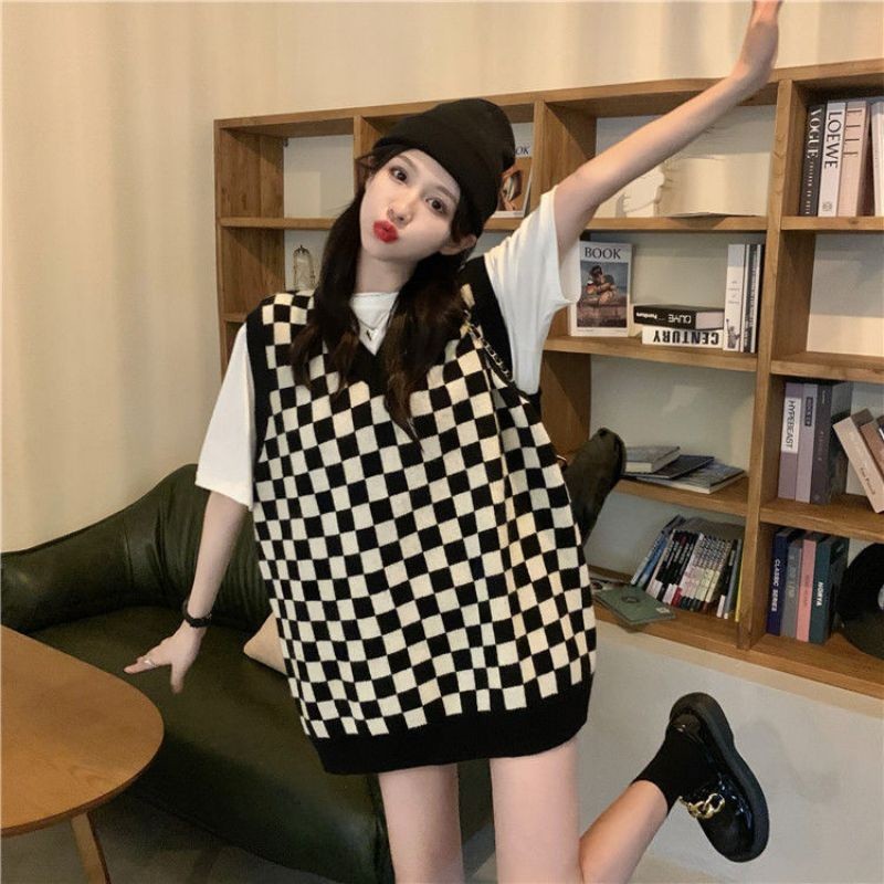S-3XL Korean Style Plus Size Checked Black Beauty Fashion Knitted Vest Women Rompi Perempuan Besar Baju Perempuan大码马甲