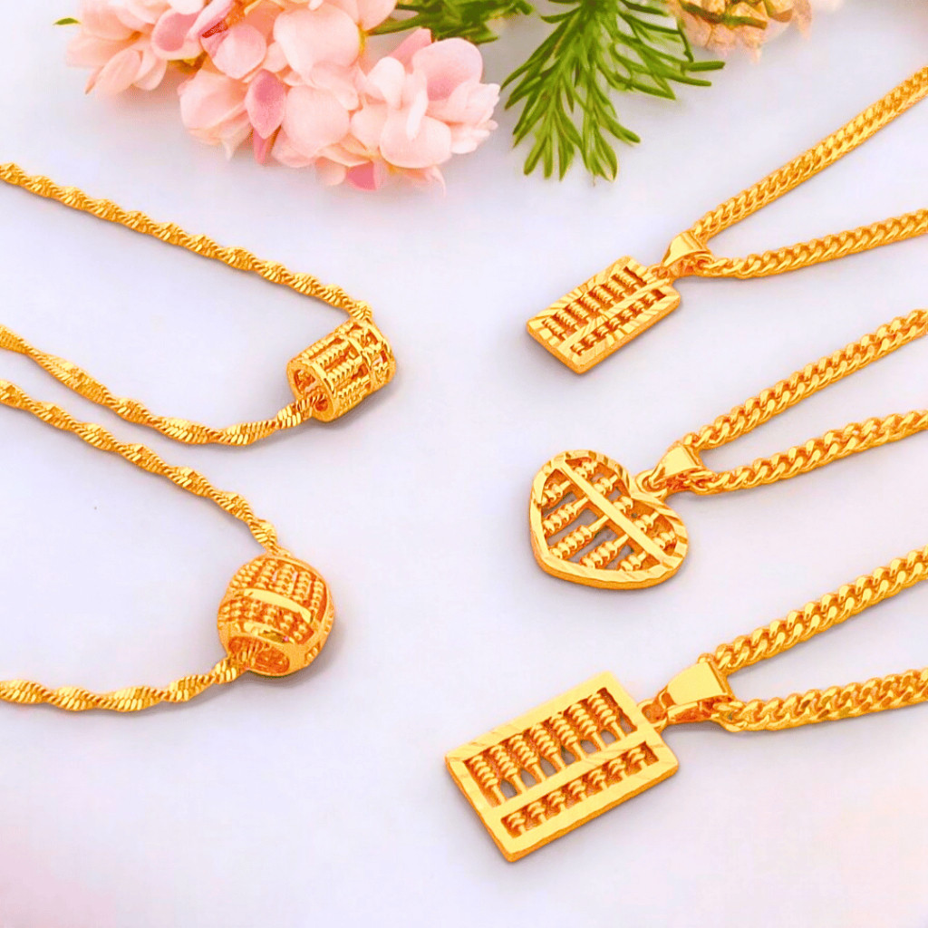 Rantai Leher Loket Sempoa Rantai Emas Korea Emas Bangkok Cop 916 Gold Necklace Abacus Pendant 算盘项链