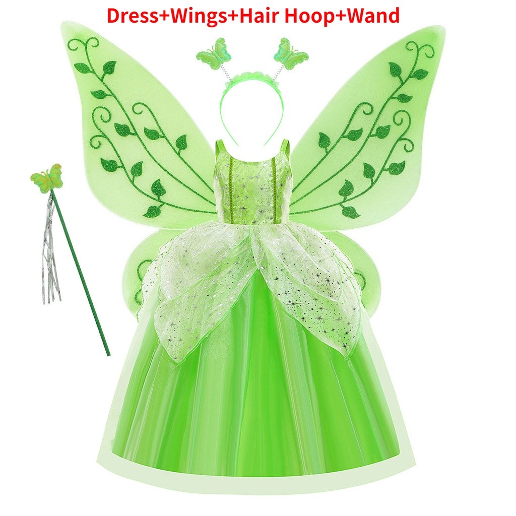 Premium Durable Disney Tinker Bell Princess Dress Kids Tiana Cosplay Costume Wig Wand Butterfly Hair Hoop Wings Set 2... - Image 2