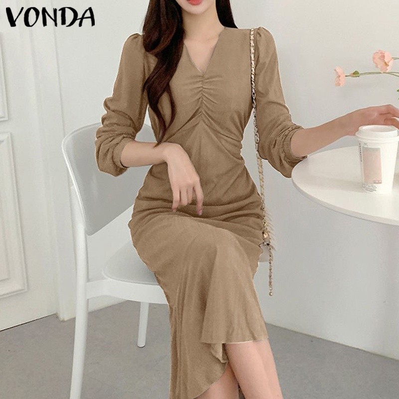 Essential Premium VONDA Women Korean V Neck Long Sleeve Solid Color Drawstring Tunic Belted Casual Dress Must Quality - Image 3