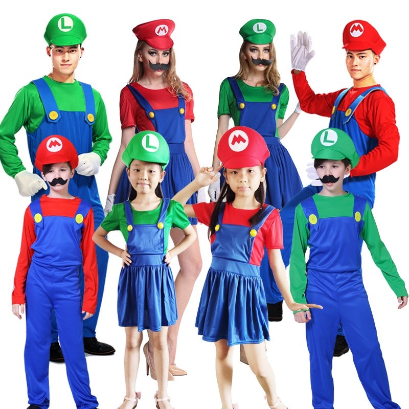 Premium Durable Adult Kids Super Mary Halloween Costume Role-playing Set Cartoon Mario Uniform Family Parent-child Cl... - Image 2