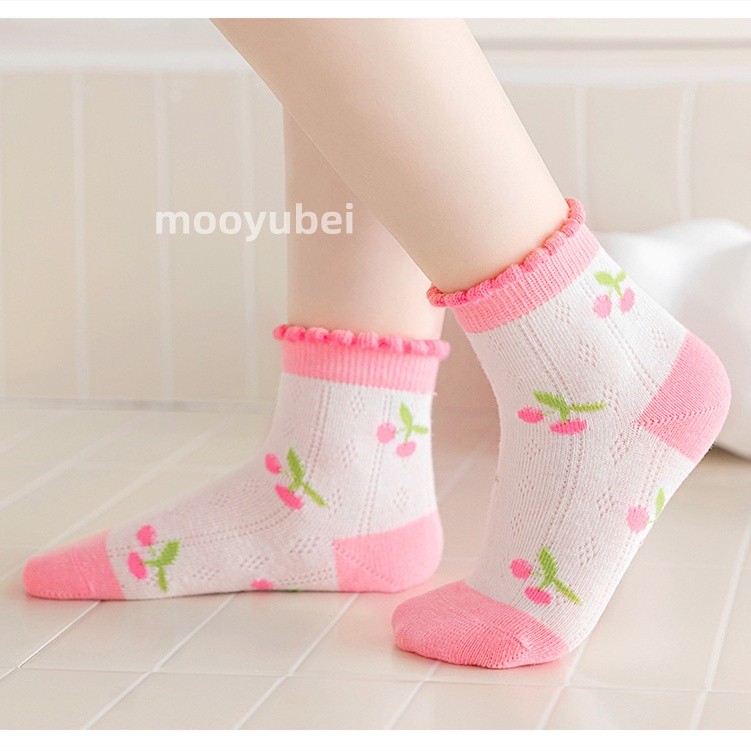 Premium Purpose 5 Pairs Summer Cherry Bear Kids Mesh Thin Non-Slip Boat Socks/Girls Fashion Cartoon Socks/Baby Breath... - Image 2