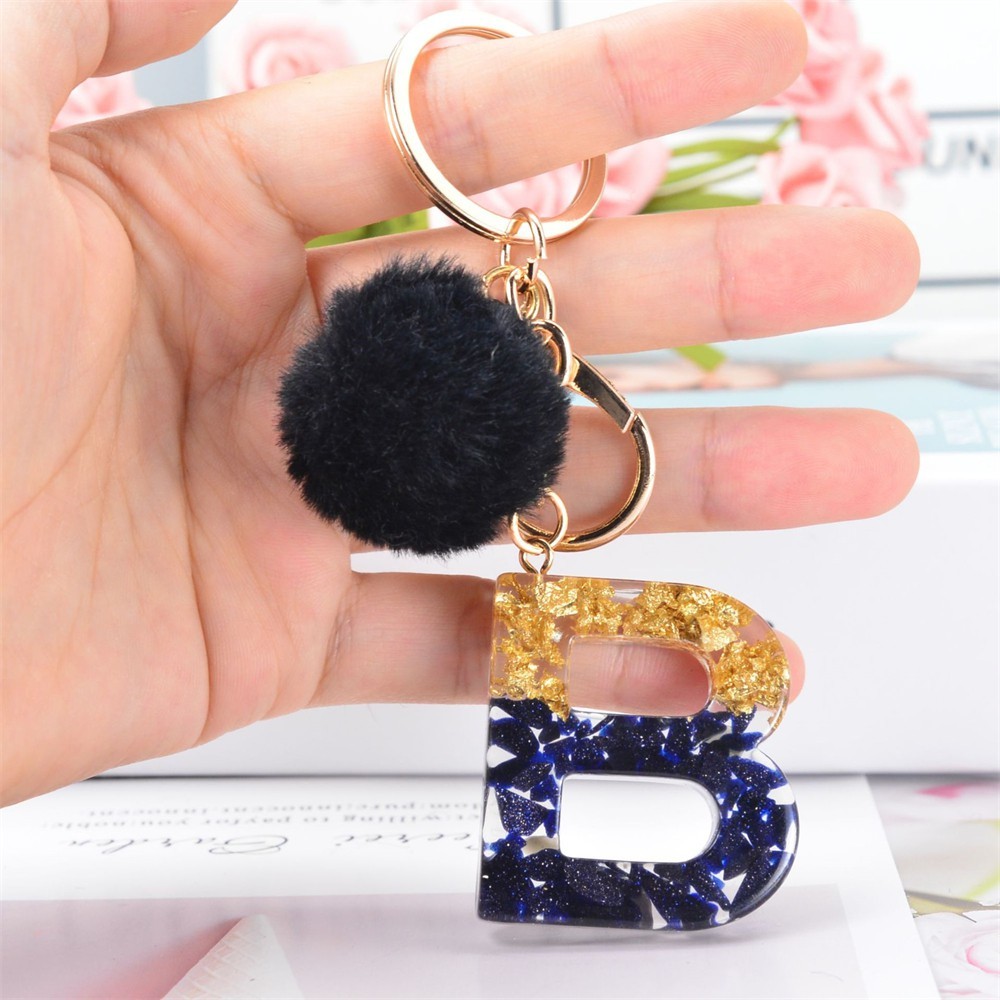 Trendy Outdoor Black Pompom Letter Keychain Glitter Gradient Resin A-Z Initials Alphabet Keyring Pendant Women Handba... - Image 2