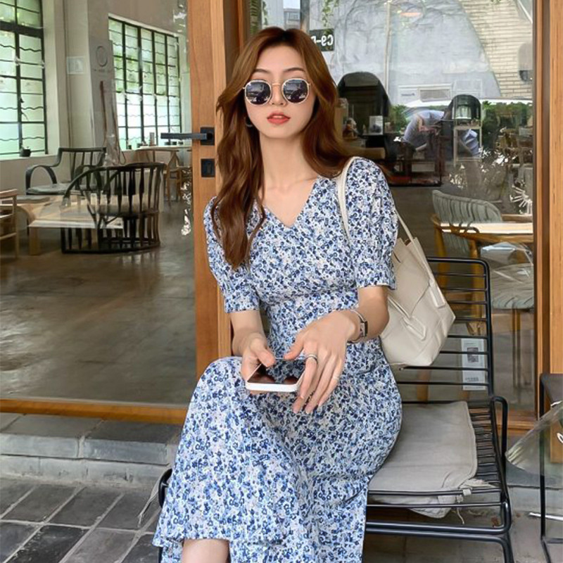 MY STOCK & Amika1 Korean Fashion Long Dress Blue Fishtail Floral Dress Women Elegant French Long-sleeved V-neck Maxi Dress
