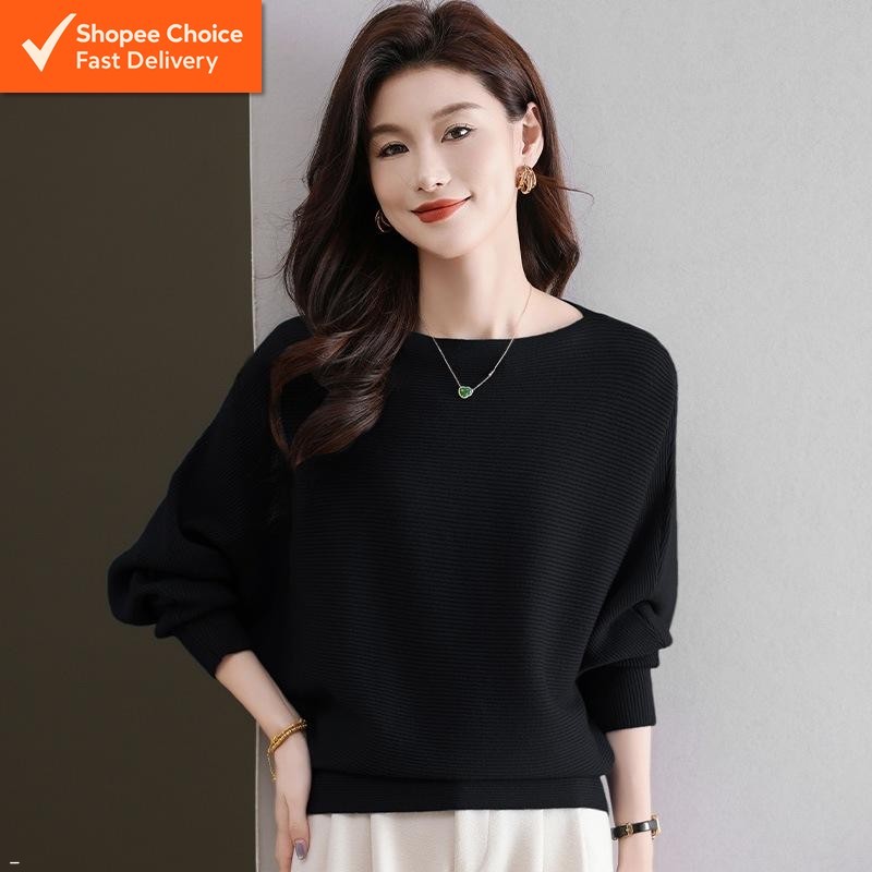 MOCHA Women's Bat Sleeve Sweater Loose Knit Solid Color Pullover | Baju Sejuk Longgar Wanita | 女装蝙蝠袖毛衣上衣