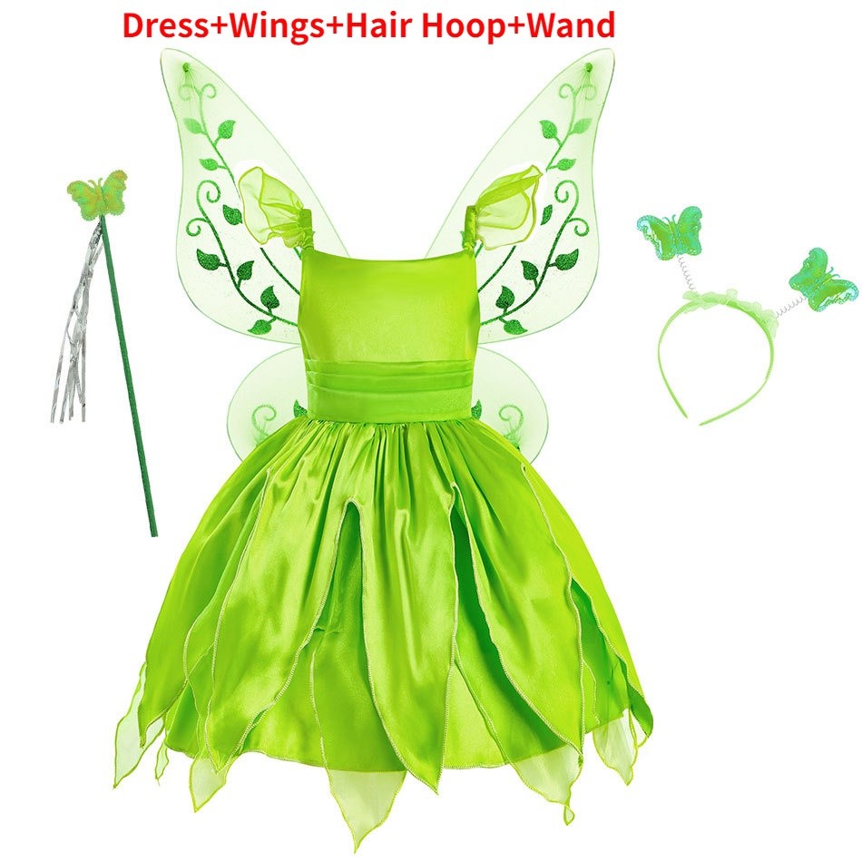 Premium Durable Disney Tinker Bell Princess Dress Kids Tiana Cosplay Costume Wig Wand Butterfly Hair Hoop Wings Set 2...
