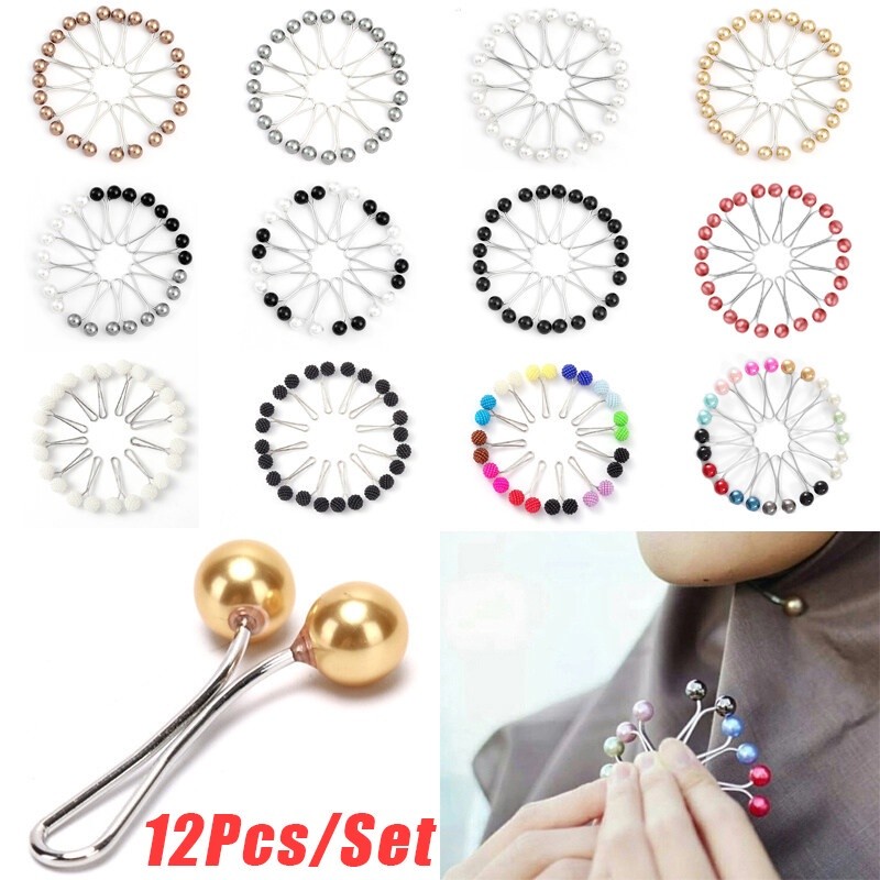 12pcs/set Lady Muslim Scarf Hijab Clips Brooch Pearl Pins Fixed Headscarf Brooches Charm Jewelry Gift for Girls Friends