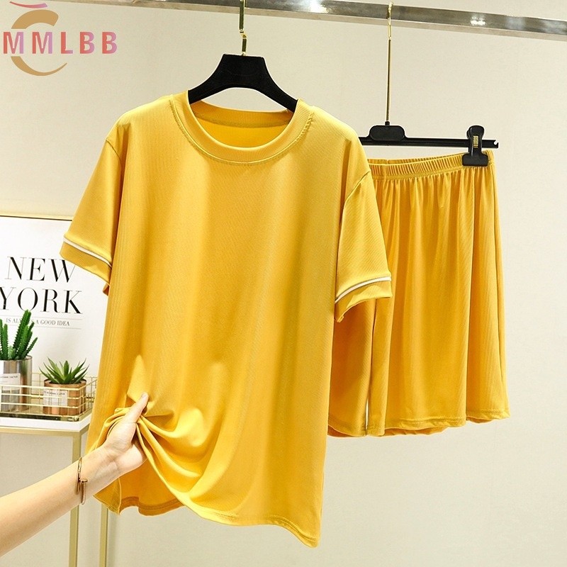 Essential Durable Ready Stock Women Ice silk Lounge wear set Plus Size Plain Loose Casual Pajamas Summer round neck S... - Image 3