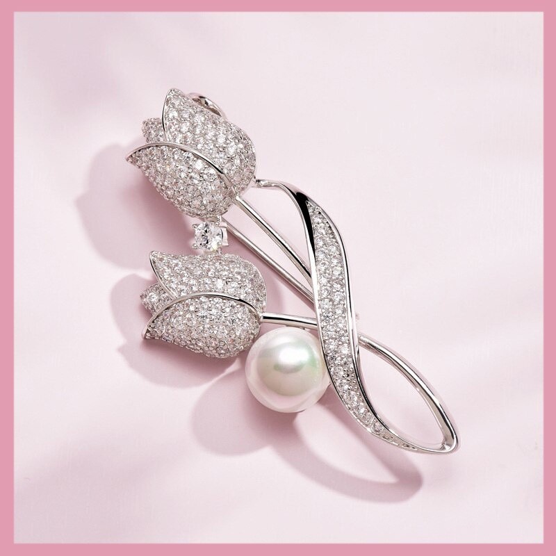 All-match high-end rhinestone tulip flower brooch anti-glare suit brooch collar pin jewelry