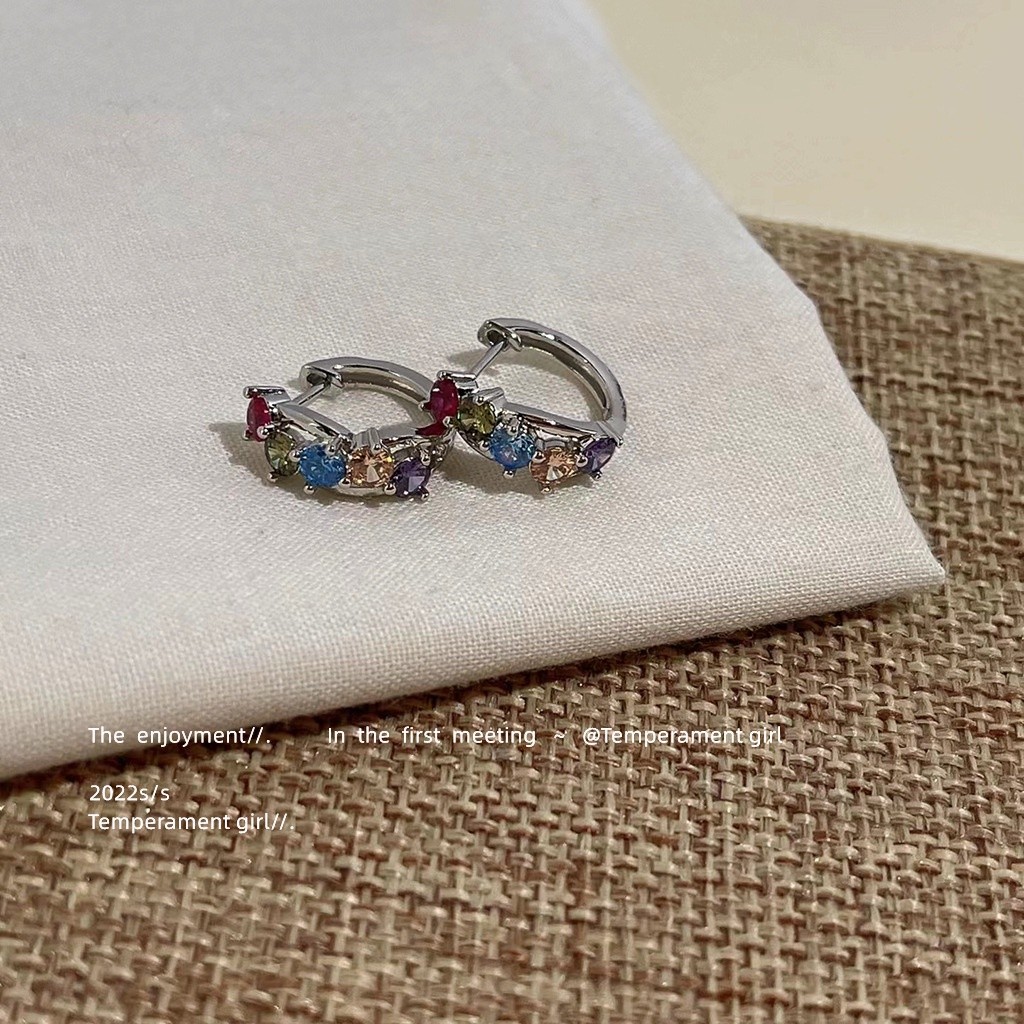 Quality Have Korean Niche Design Colorful Zircon Small Earrings Contrast Color Unique Row Diamonds Cute All-Match Fem... - Image 2