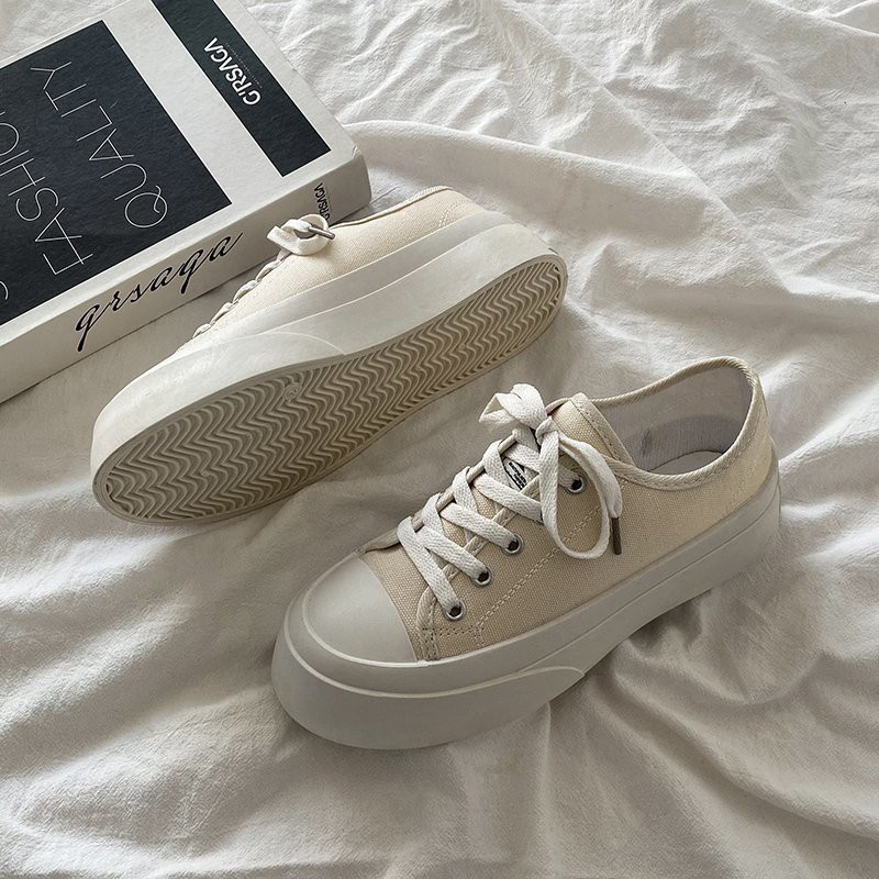 MAY Classic Canvas Sneakers Rubber Low Top Student Girl Shoes Concise Small White Kasut - Ainna