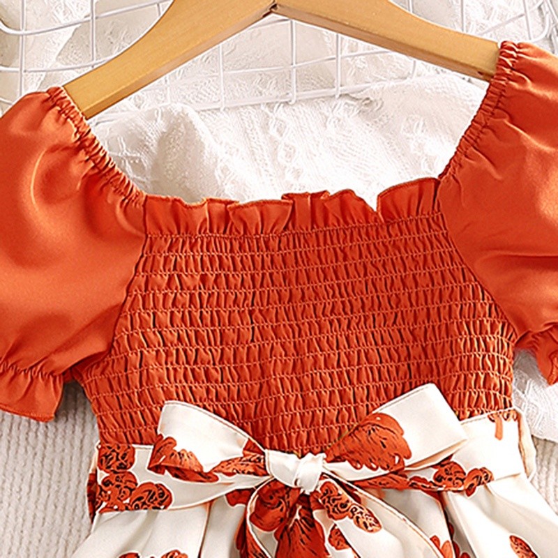 Quality Multi SIYYIS Dress Kids Girl 8-12 Years Puff Sleeve Shirred Square Collar Tie-Waist Knee-Length Girls Birthda... - Image 4