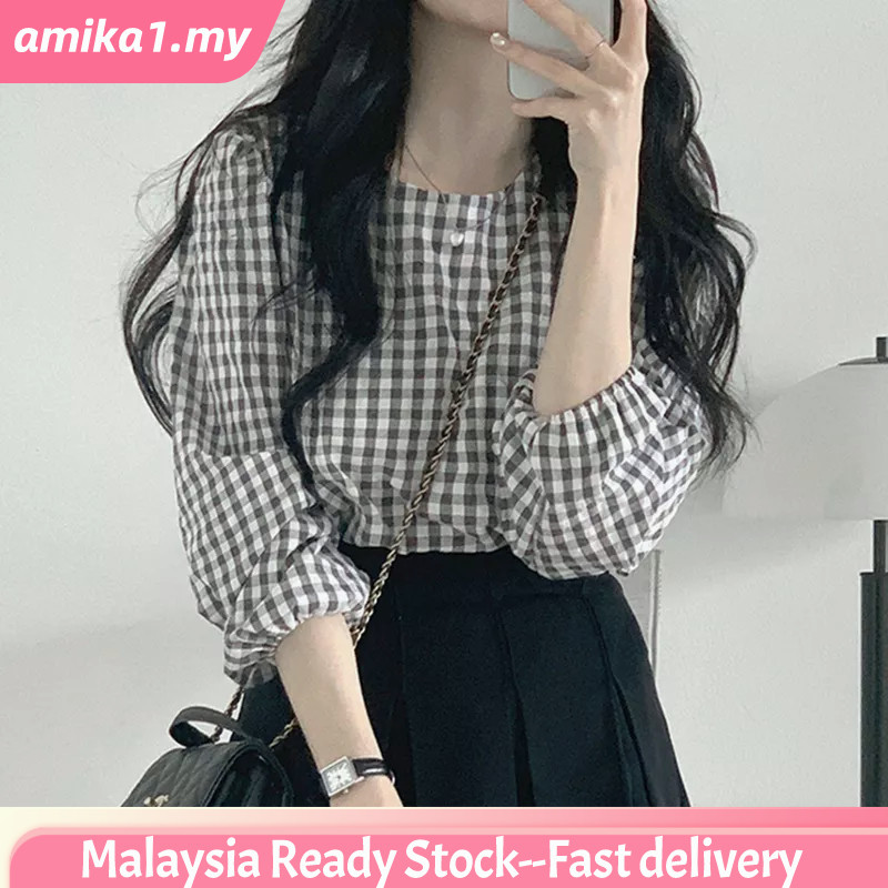 【Malaysia stock】Korean Style Women Ladies Loose Round Neck Vintage Plaid Long Sleeve Shirt Blouse Baju Baju Wanita Lengan Panjang Kemeja Amika1