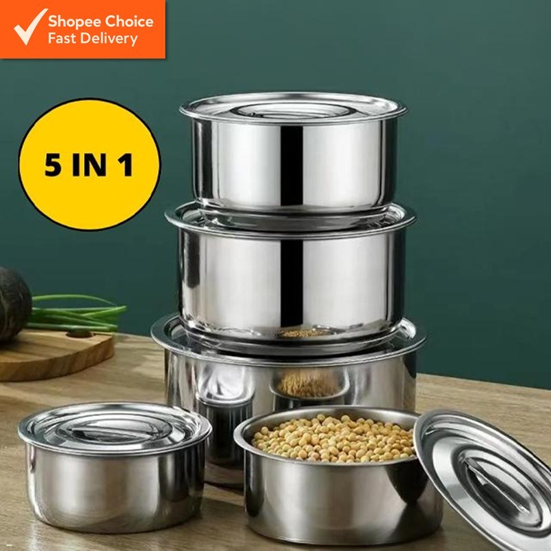 Stainless Steel Cooking Pot Set with Lids (5pcs) | Multipurpose Stock Pots for Cooking & Food Storage