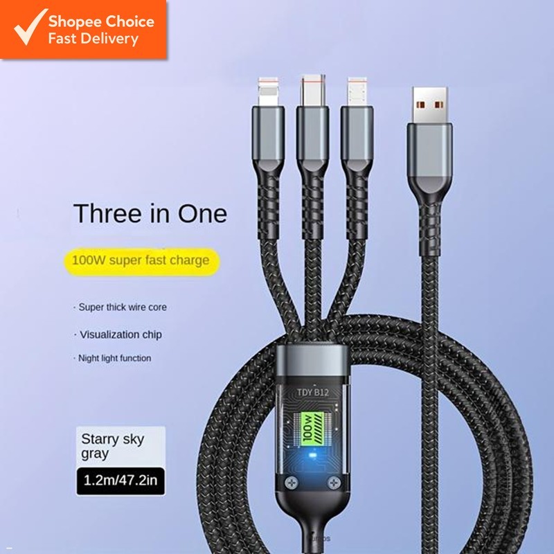 3-in-1 Transparent Fast Charging Cable 100W – Luminous Nylon Braided USB to Type-C, Micro USB, Support Lightning