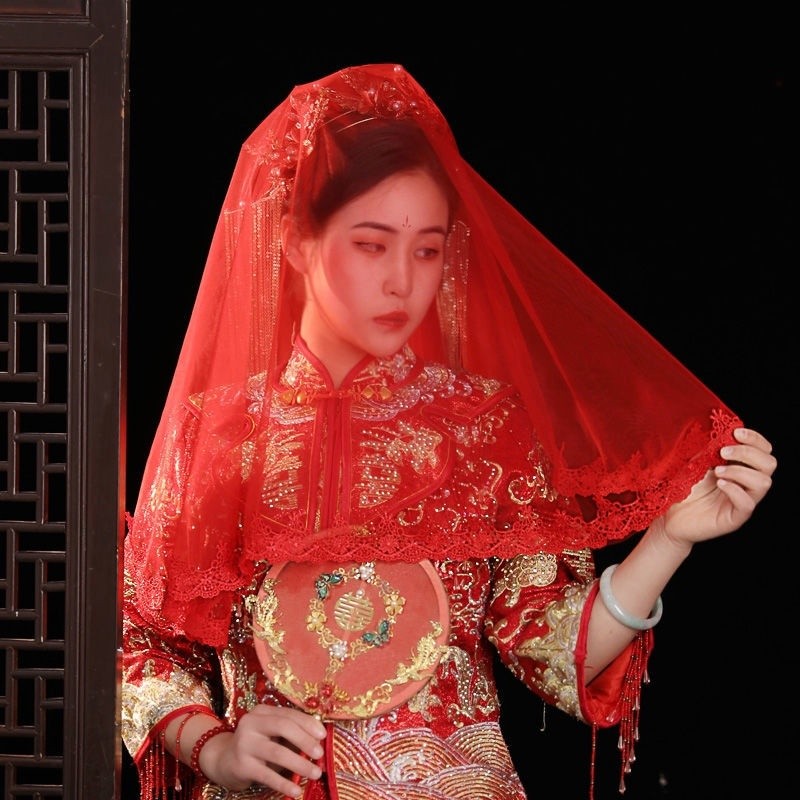 Premium Multi 秀禾服红盖头中式网纱红色头纱新娘结婚礼服旗袍头饰拍照道具ap.my5.30Xiuhe clot... - Image 3