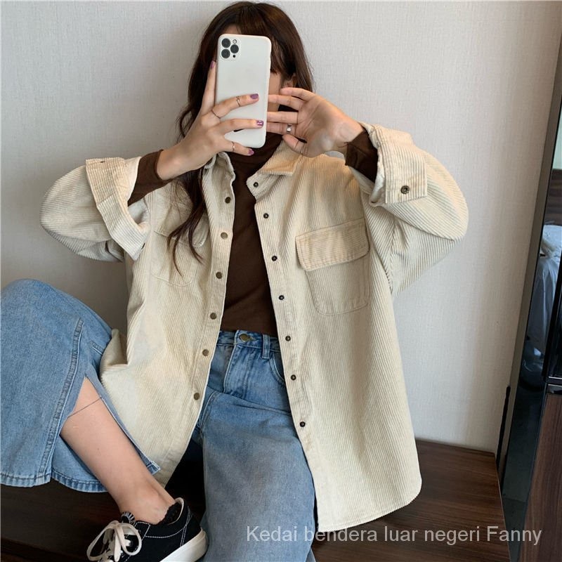 2021 autumn new Korean women's shirt Polo pilot design sense corduroy loose thin coat button