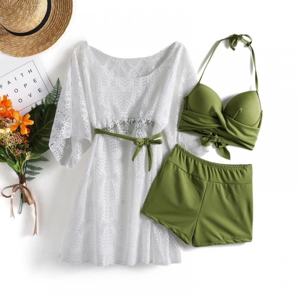 Quality Reliable Fashion Lady Three-Piece Swimsuit Split Chest Gathered Bikini L Sunscreen Blouse Hot Spring Tankini ... - Image 3