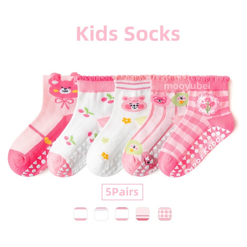Premium Purpose 5 Pairs Summer Cherry Bear Kids Mesh Thin Non-Slip Boat Socks/Girls Fashion Cartoon Socks/Baby Breath... - Image 4