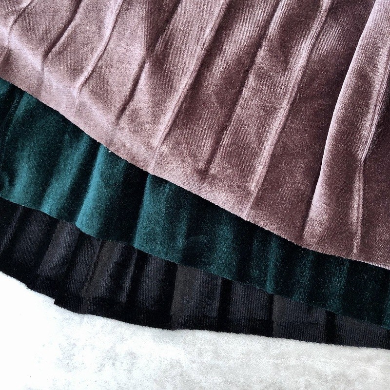 Essential Have Women Skirt Labuh Velvet Dark Metal Color High Waist A-line Pleated Maxi - Image 3