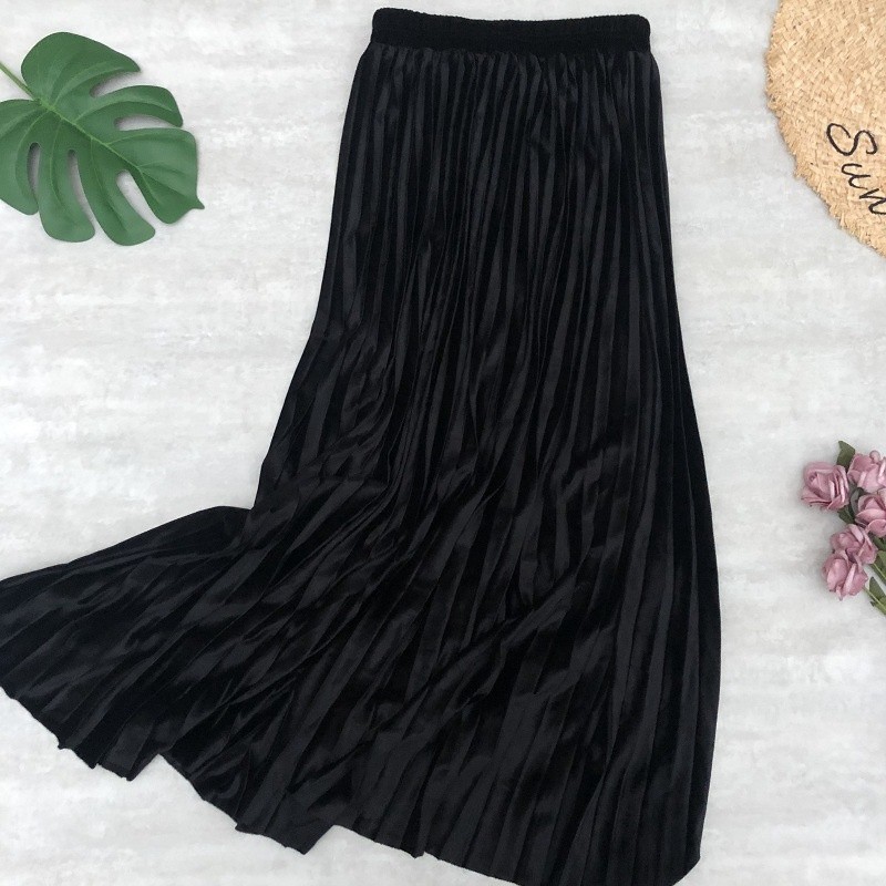 Essential Have Women Skirt Labuh Velvet Dark Metal Color High Waist A-line Pleated Maxi - Image 4