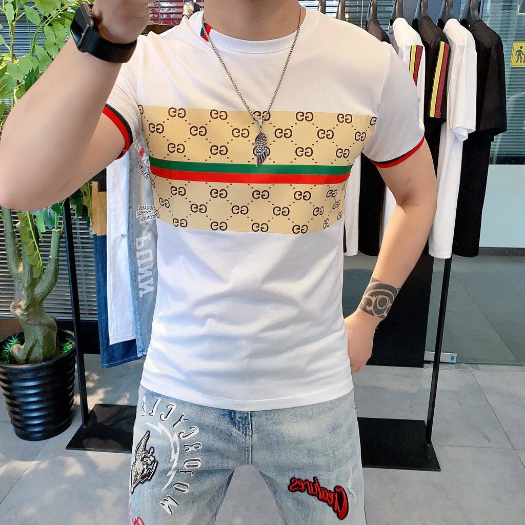baju tshirt lelaki baju lengan panjang lelaki Ais Sutera Pendek Sleeve T-Shirt Laki-laki 2021 Summer New Station Europe
