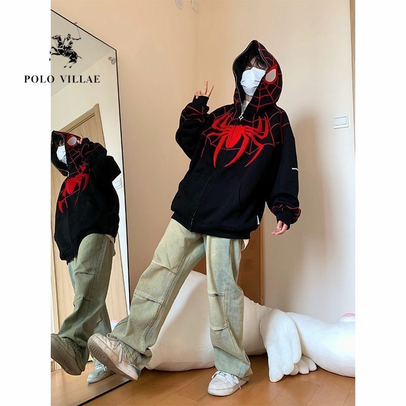 Reliable Essential 动漫蜘蛛侠外套酷酷girl风美式复古小众设计感连帽刺绣开衫卫衣女Anime Spid... - Image 2