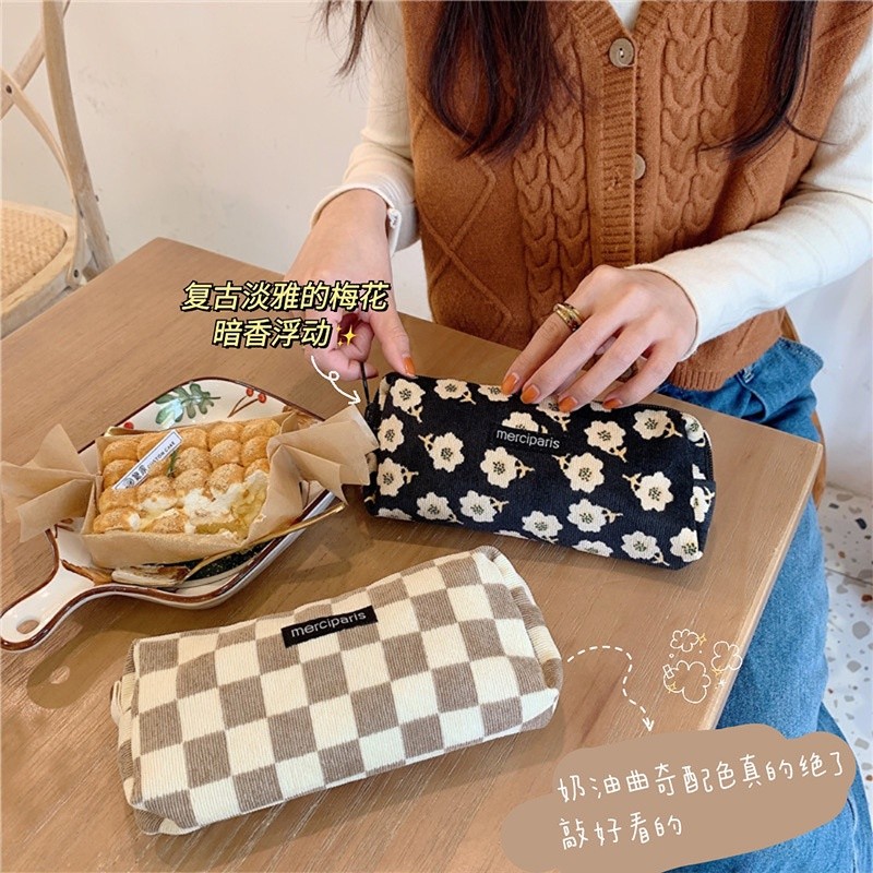 11271  Korean Fashion Pencil Case Corduroy Plaid&Flowers Makeup Bag Lipsticks Bag Women Small Cosmetic Bag N