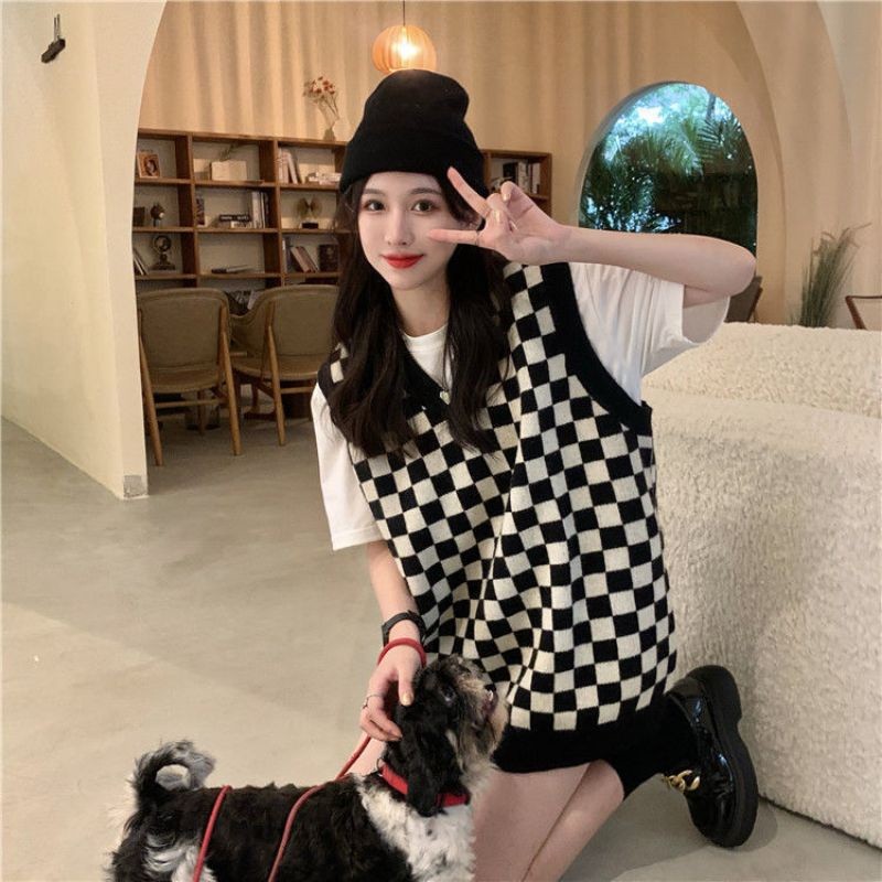 Essential Reliable S-3XL Korean Style Plus Size Checked Black Beauty Fashion Knitted Vest Women Rompi Perempuan Besar... - Image 2