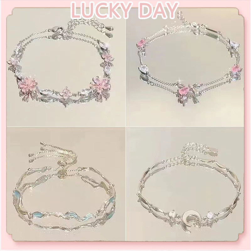 Malaysia Spot Women Bracelet Adjustable Pink Zircon Cherry Blossom Bow Blue Ocean Fashion Accessory Gift For Girl&Mother