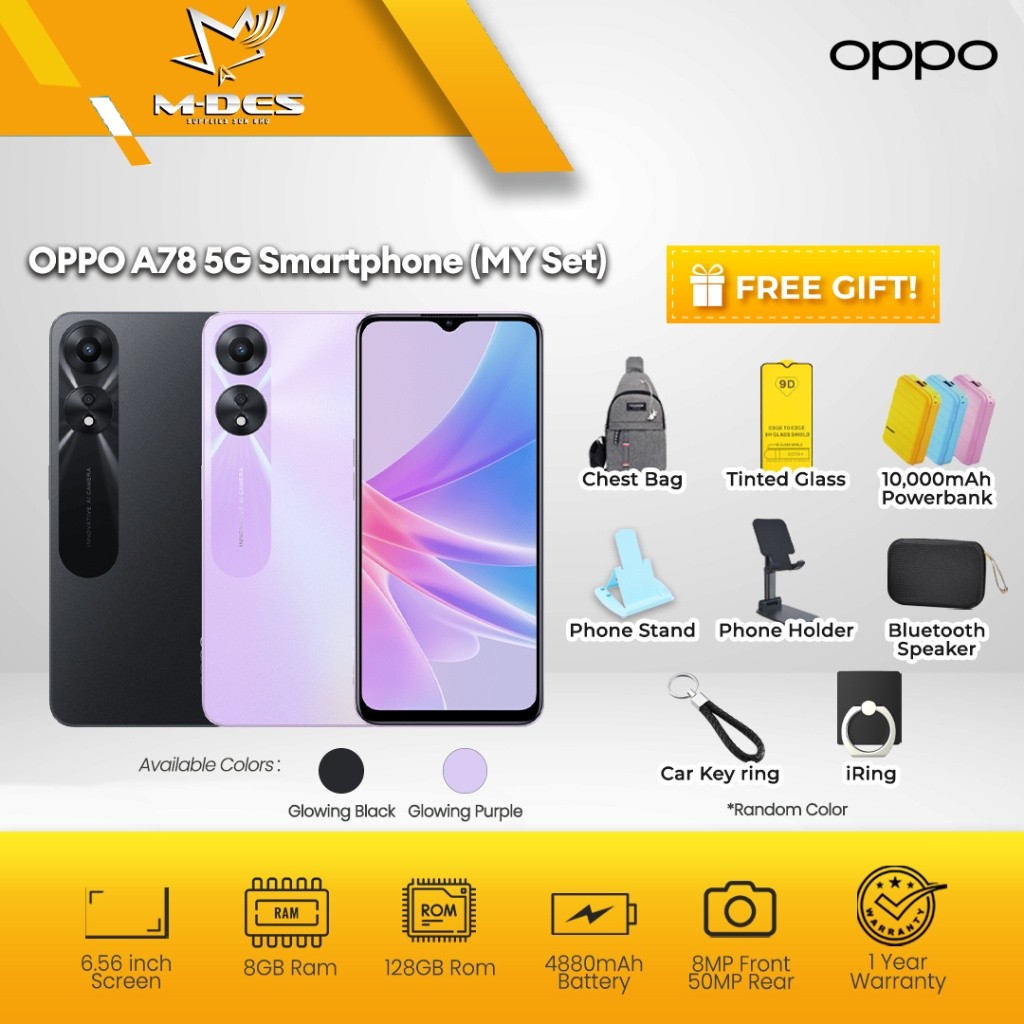 Oppo A78 5G Smartphone / 8GB RAM / 128GB ROM / 1 Year Warranty By OPPO Malaysia