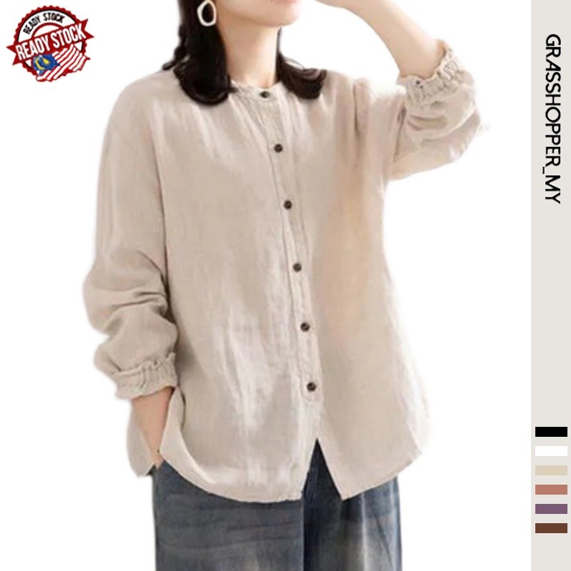 ?? READY STOCK S-5XL Korean women Cotton Linen blouse Loose Causal Long-sleeved Shirts Tops Baju Wanita