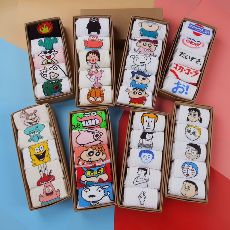 Must Reliable 5Pairs Cute Cartoon Sock Women Stoking SpongeBob SquarePants White Socks - Image 5