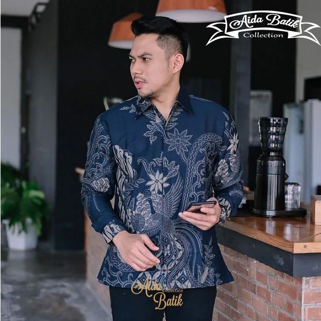 Must Durable kemeja batik pria modern slim fit baju atasan lengan panjang kasual kerja cowok warna navy Quality