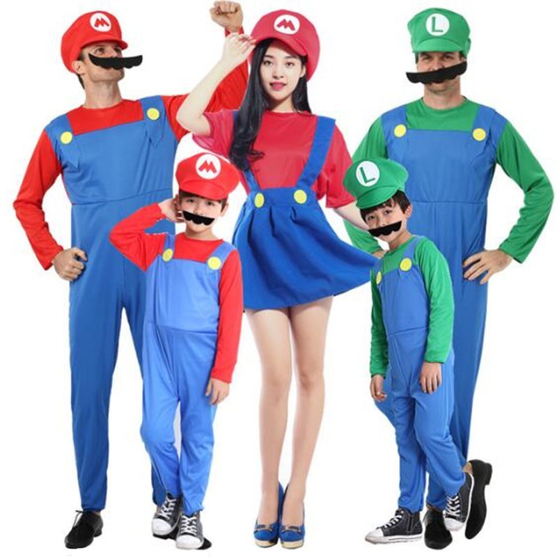Adult and Kids Super Mary Halloween Costume Role-playing Costume Set Cartoon Mario Uniform Family Parent-child Clothing 