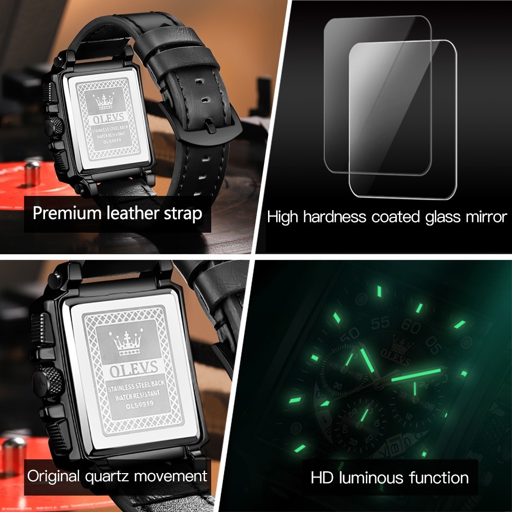 Fashion Casual Olevs Jam Tangan Lelaki Pria Waterproof Luxury Square Big Watch Men Tali Kulit Leather Watches Strap C... - Image 4