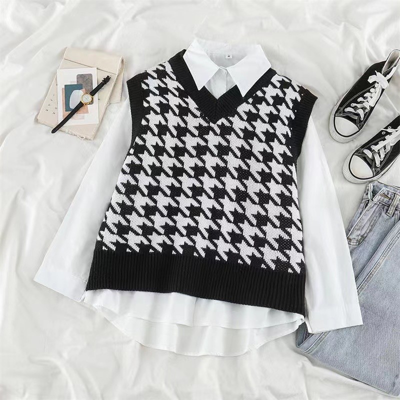 Multi Versatile Korean Style Women Knitted Sleeveless Houndstooth Loose V-neck Knit Vest Sweater - Image 5