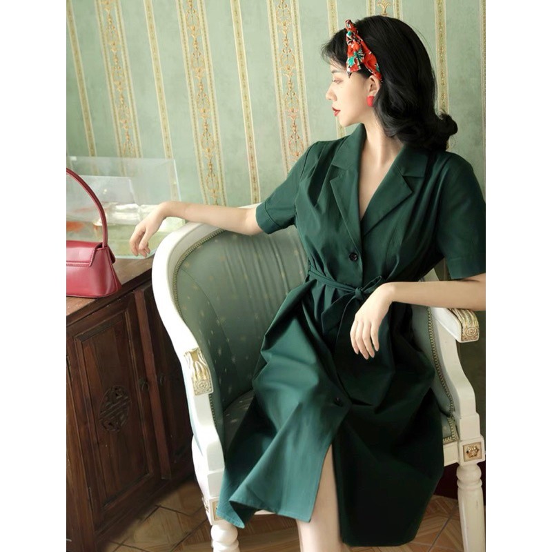 Moss Green Waist Dress Dress (With Real Picture)