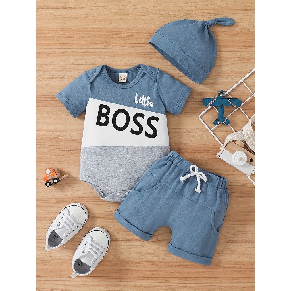 Clothes for Baby Boy 3-24 Months 3PCS Newborn Baby Clothing Set Short Sleeves Little BOOS Print Bodysuit Short with Hat 