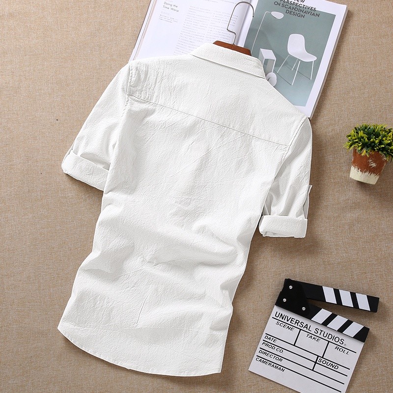 Quality Purpose Plain shirt man Men Linen Cotton 3/4 Sleeve Baju Kemeja Lelaki Slim Fit Stand Collar - Image 2