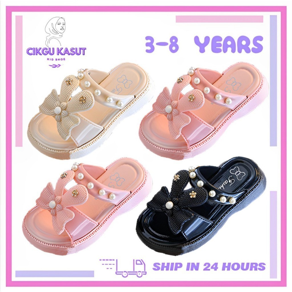 25-36 Sandal Raya Budak Perempuan Kids Girl Cute Flat Sandal Ribbon Bead Manik Korean Style Summer W16 / W38