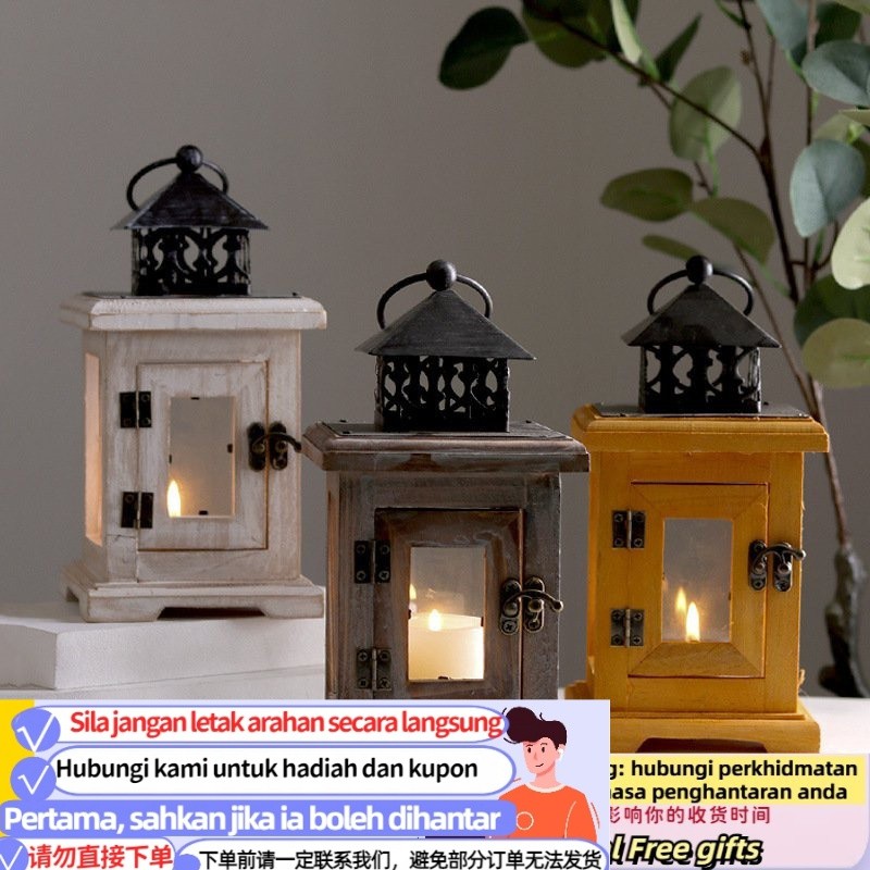 Get gifts/QMRetro Iron Art Candlestick Wooden Storm Lantern Ornaments American Aromatherapy Iron Glass Candle Holder De