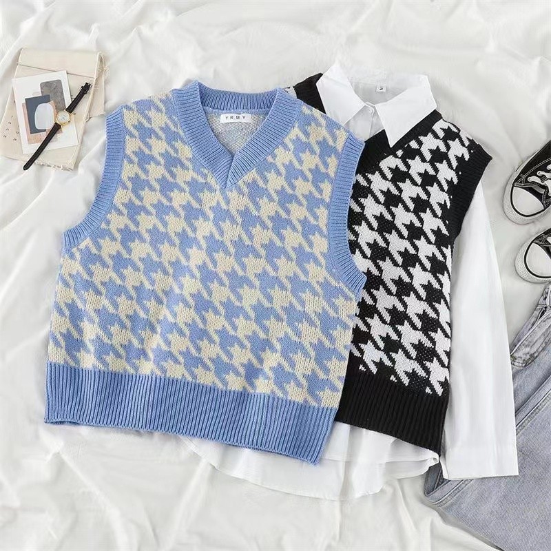 Multi Versatile Korean Style Women Knitted Sleeveless Houndstooth Loose V-neck Knit Vest Sweater - Image 4