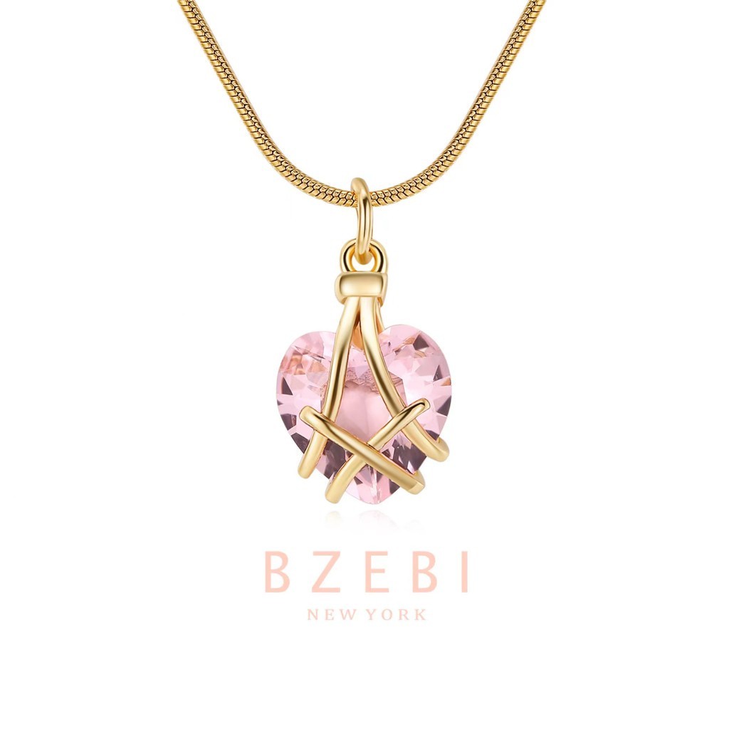 Premium Must BZEBI Gold Plated Pink Heart Barbie Necklace Crystal Birthstone Pendant Cubic Zirconia 398n - Image 2