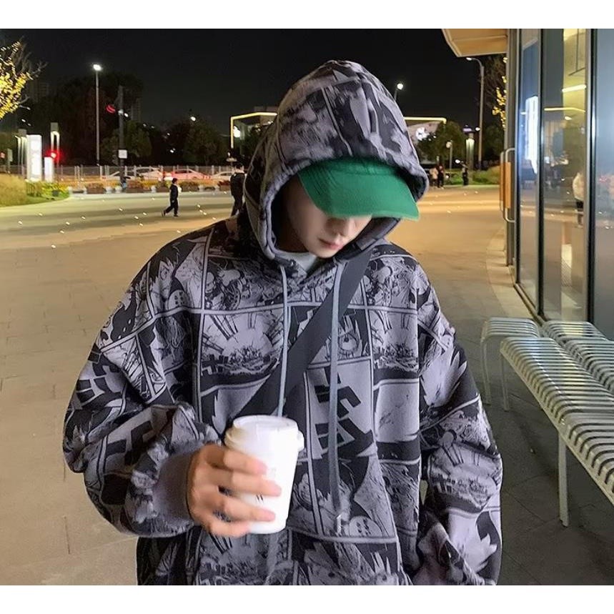 2 Color Hoodie【M-8XL】Japanese Anime One Piece Full Print pattern hoodie oversize Mens Hoodie Korean trend of Men's Hoodi