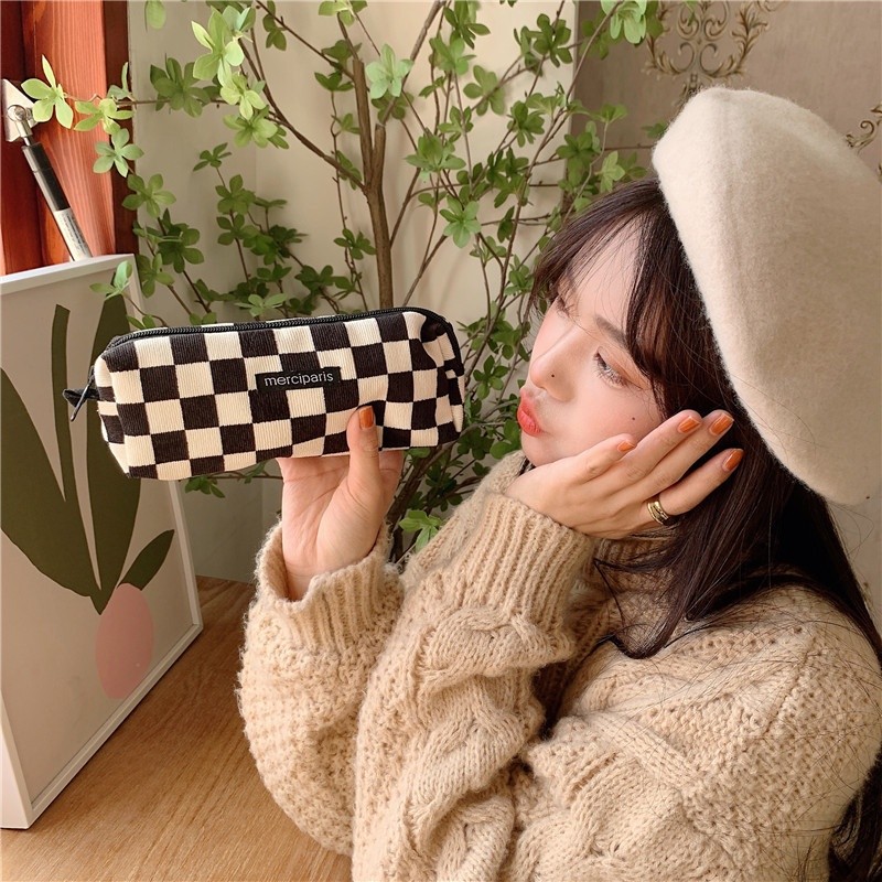 Chic Trendy 11271 Korean Fashion Pencil Case Corduroy Plaid&Flowers Makeup Bag Lipsticks Women Small Cosmetic N - Image 3